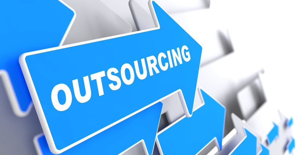 Outsourcing - Business Background. Blue Arrow with Outsourcing Slogan on a Grey Background. 3D Render.