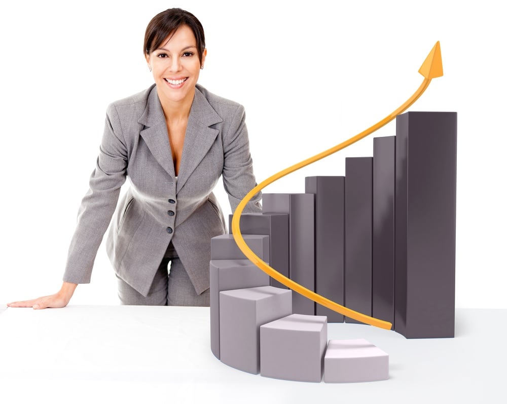 Successful businesswoman with  growth graph - isolated over a white background